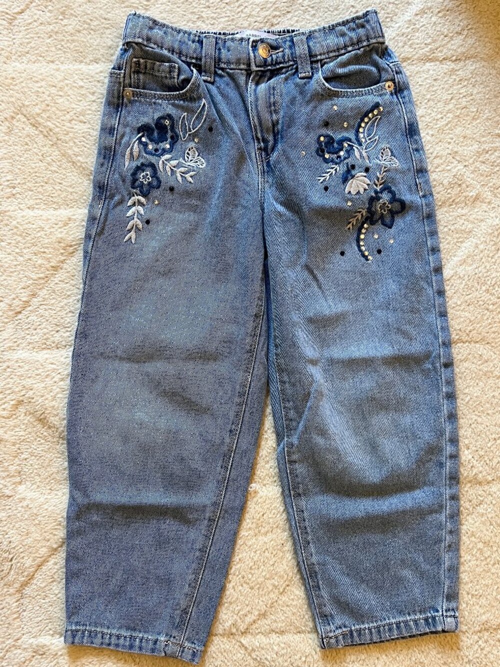 Primark Light Denim Kids Barrel Jeans with Floral Embroidery